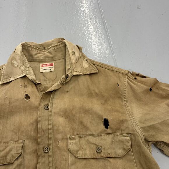 Vintage 60s Big Mac Tan Canvas Distressed Workwear Shirt - Picture 2 of 4